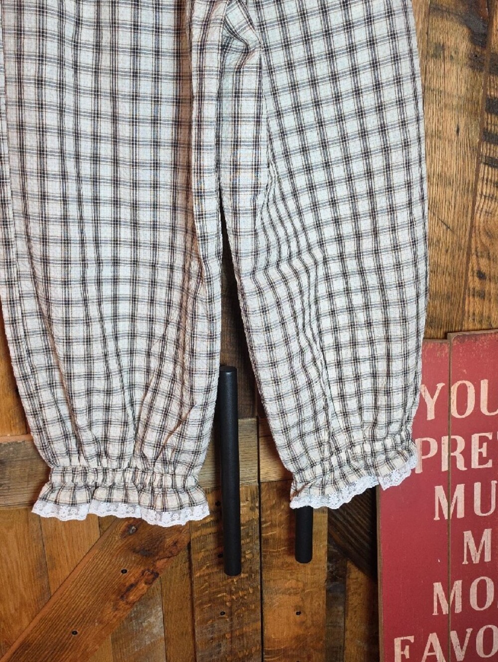 207p Oddi Plaid Ruffle Hem Pants - Cream Brown - Picture 14 of 16